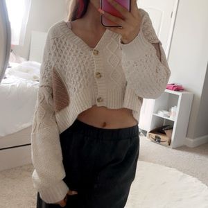 American Eagle Tan and Brown Cropped Sweater